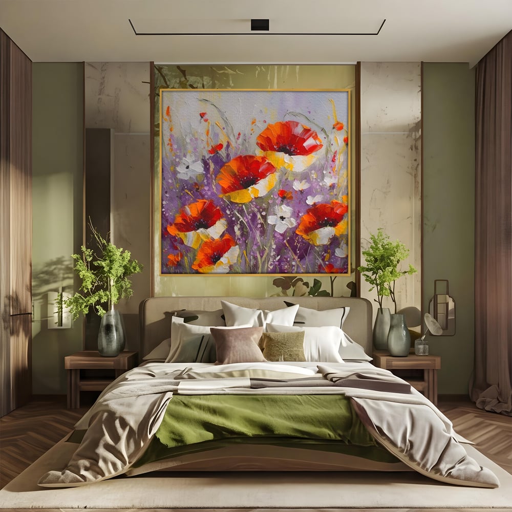 Tablou canvas cu pictura in ulei cu maci rosii, in rama de aluminiu auriu, pe perete intr-un dormitor